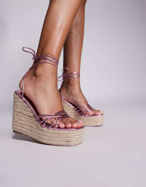 Public Desire Wide Fit Heated wide fit strappy lace up jute wedges in pink - view 1