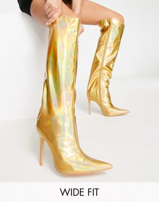 Public Desire Wide Fit Independent Metallic Knee Boots In Gold