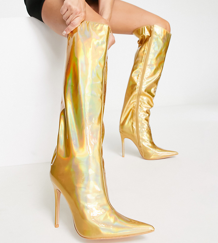 Public Desire Wide Fit Independent metallic knee boots in gold