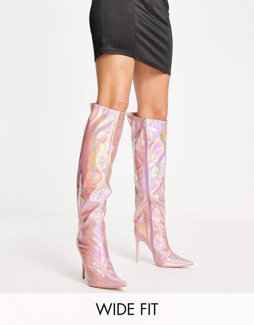 Public Desire Wide Fit Independent metallic knee boots in pink