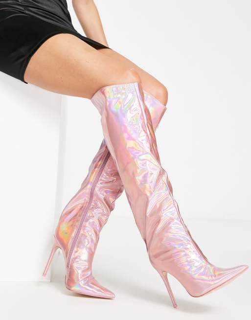 Public Desire Wide Fit Independent metallic knee boots in pink