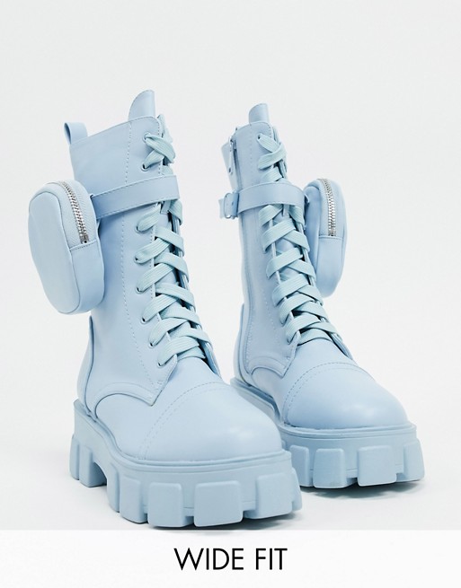 Public Desire Wide Fit Intention chunky ankle boot with pouch in pastel blue