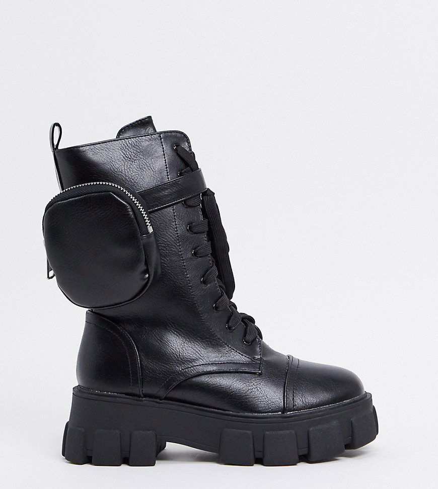 Public Desire Wide Fit - Intention - Chunky halfhoge laarzen met tasje in zwart