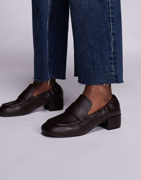 Public Desire Wide Fit Kelsy block heel loafers in brown - view 1