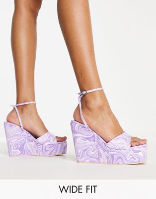 Public Desire Wide Fit Kempton wedge heeled sandals in lilac swirl print