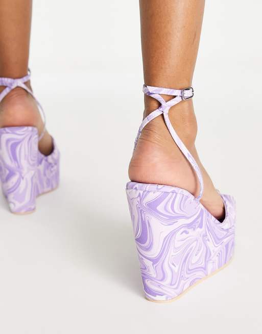 Public Desire Wide Fit Kempton wedge heeled sandals in lilac swirl print