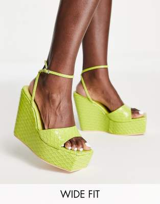 Public Desire Wide Fit Kempton Wedge Heeled Sandals In Lime Snake-green