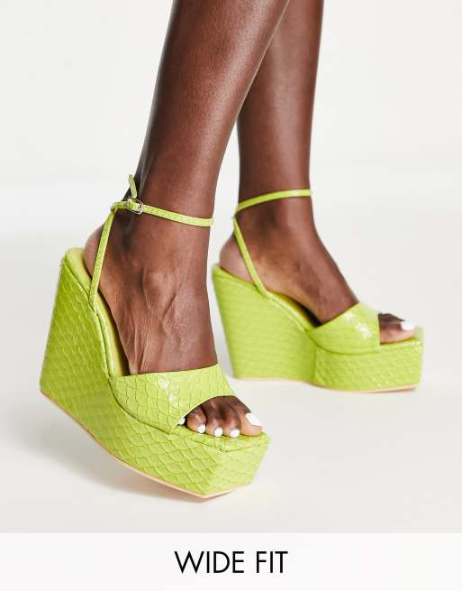 Public Desire Wide Fit Kempton wedge heeled sandals in lime snake