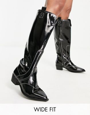 Public Desire Wide Fit Kentucky knee high western boots in black