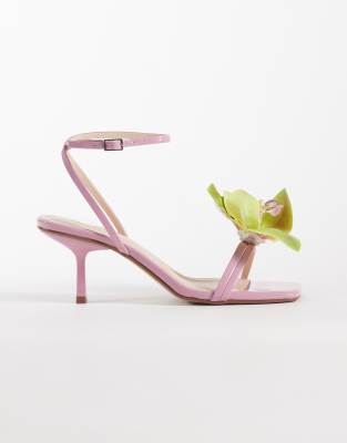 Public Desire Wide Fit Kitten Heel Sandals With 3d Flower In Pink