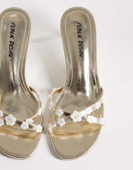 Public Desire Wide Fit kitten heel sandals with beads in gold, 2 of 4
