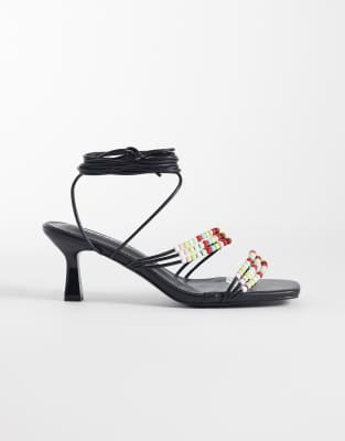 Public Desire Wide Fit Kitten Heel Sandals With Color Beads In Black