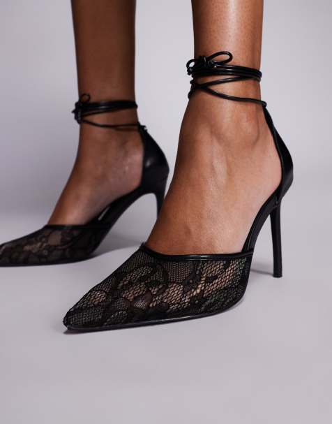 Public Desire Wide Fit Laced Up lace heeled shoes in black - view 1