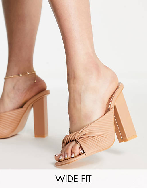 Women Wide Fit Shoes/Public Desire Wide Fit Lady block heel sandals in beige pu 