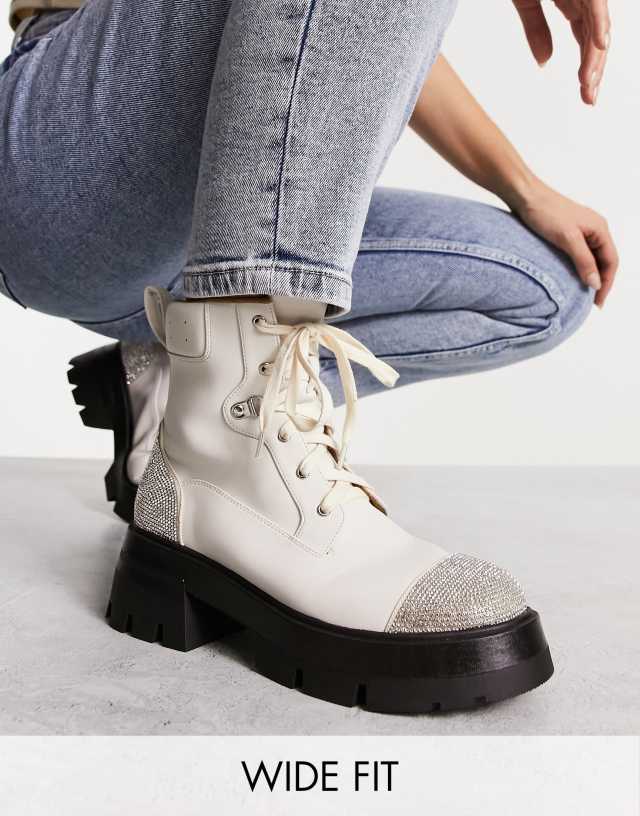 Public Desire Wide Fit Lark rhinestone combat boots in off white