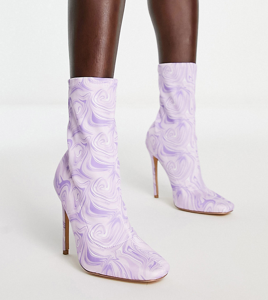 Public Desire Wide Fit Lars High Heeled Sock Boots In Purple Swirl Print