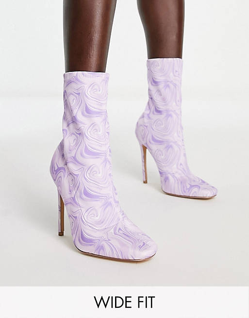 Public Desire Wide Fit Lars high heeled sock boots in purple swirl print 