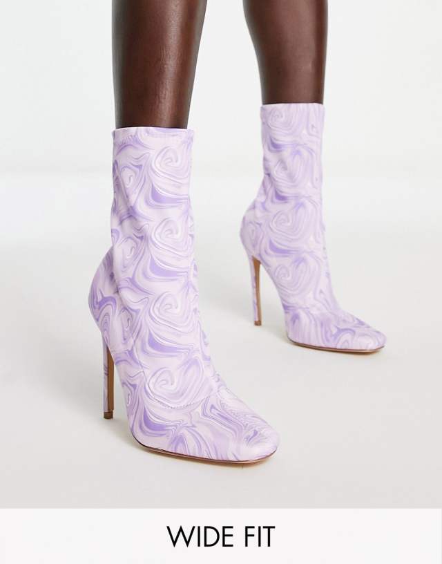 Public Desire Wide Fit Lars high heeled sock boots in purple swirl print