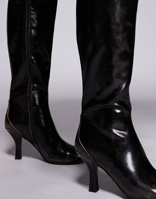 Public Desire Wide Fit Levitate pointed toe knee boots with vintage heels in distressed brown