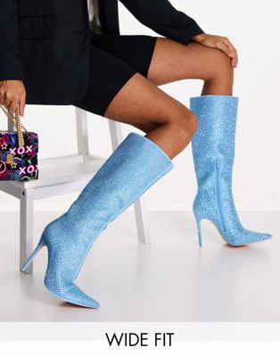Public Desire Wide Fit Lexi knee high heel boots in blue diamante