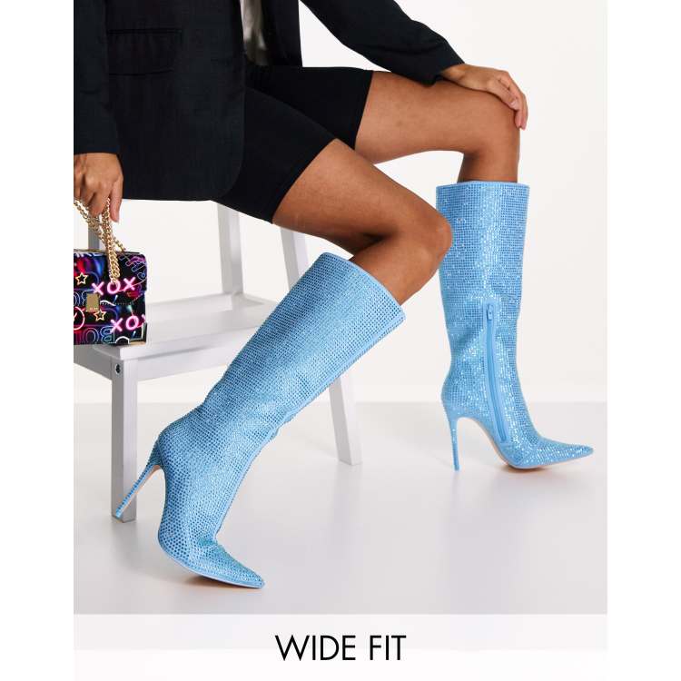 Public Desire Wide Fit Lexi knee high heel boots in blue diamante