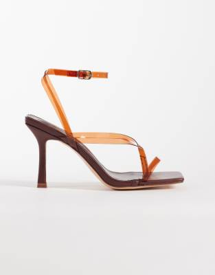 Public Desire Wide Fit Liberty Square Toe Heeled Sandals In Brown