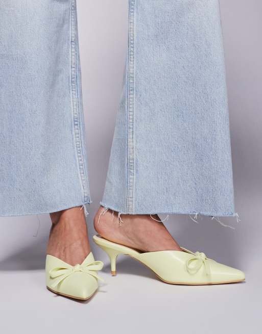 Public Desire Wide Fit Lionheart pointed kitten heel mules with bow in yellow