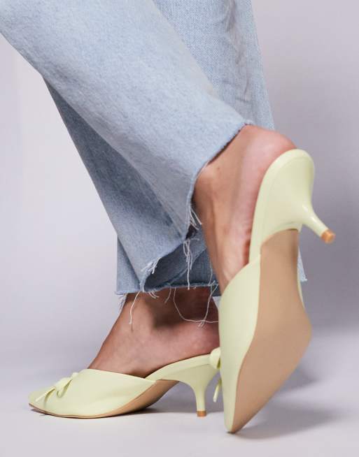 Public Desire Wide Fit Lionheart pointed kitten heel mules with bow in yellow
