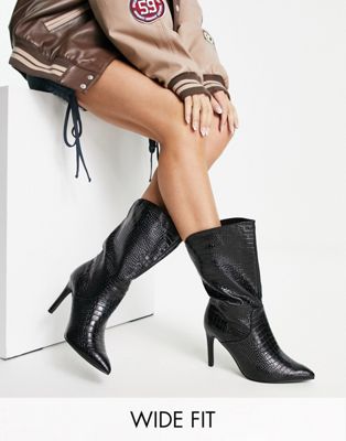 Public Desire Wide Fit Lisel curved ankle boot in black patent croc