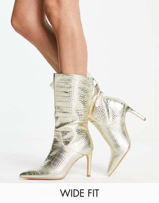 Public Desire Wide Fit Lisel curved ankle boots in gold metallic croc