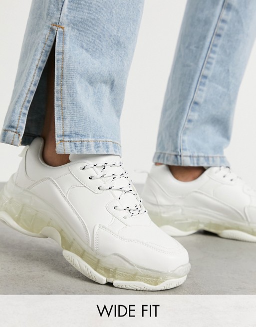 Public Desire Wide Fit Loaded trainers with clear sole detail in white