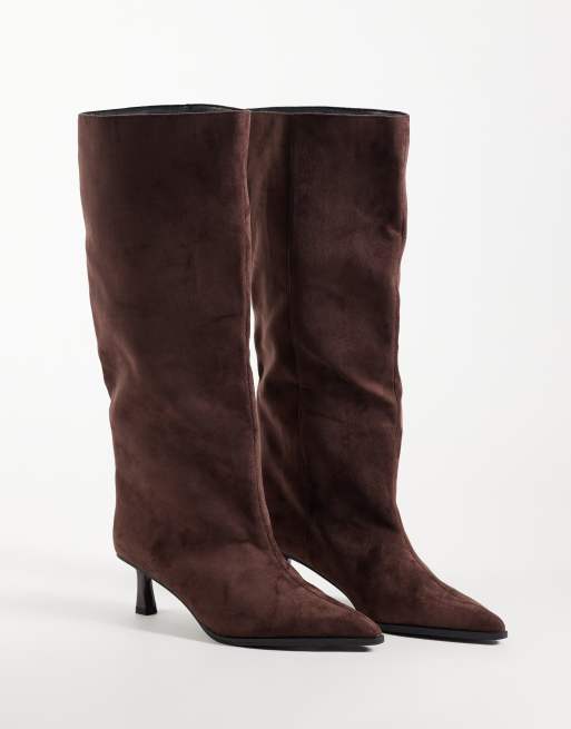 Public Desire Wide Fit Lola kitten heel knee boots in brown suedette, 2 of 4