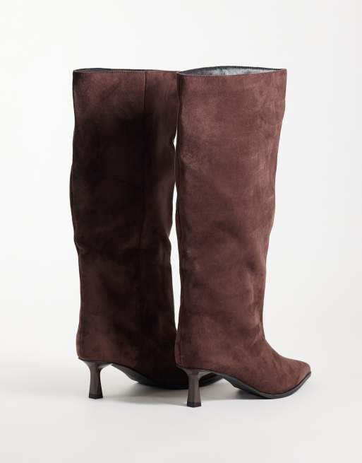Public Desire Wide Fit Lola kitten heel knee boots in brown suedette, 4 of 4