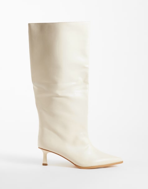Public Desire Wide Fit Lola kitten heel knee boots in cream patent - view 1