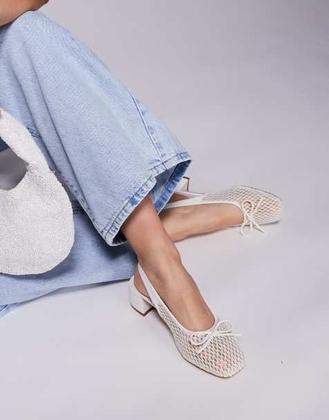 Public Desire Wide Fit Lover heeled ballet shoes with bow detail in mesh white - view 1