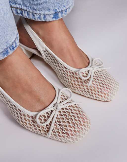 Public Desire Wide Fit Lover heeled ballet shoes with bow detail in mesh white