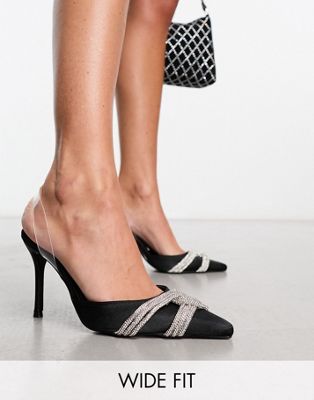 Public Desire Wide Fit Loxi embellished heeled sling back shoe in black