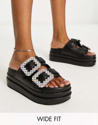 Public Desire Wide Fit Lozzy Embellished Flatforms In Black Pu