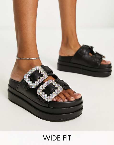 Public Desire Wide Fit Lozzy embellished flatforms in black pu - view 1