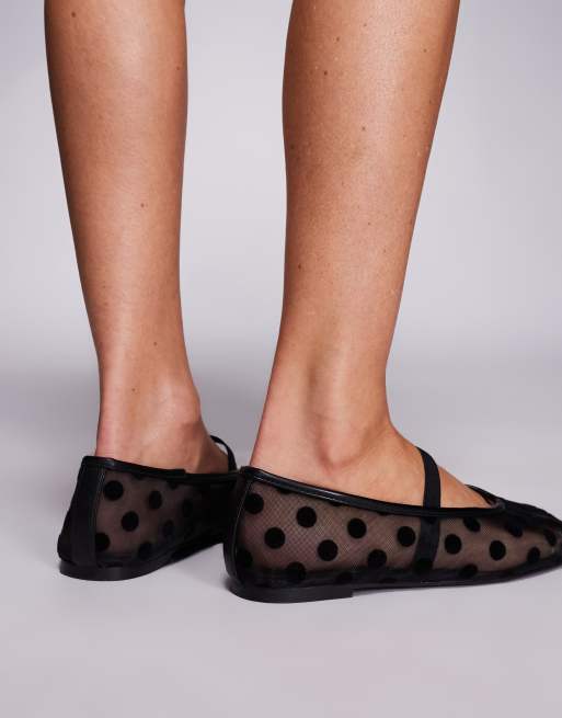 Public Desire Wide Fit Lullaby polka dot ballet flats in black mesh, 3 of 4