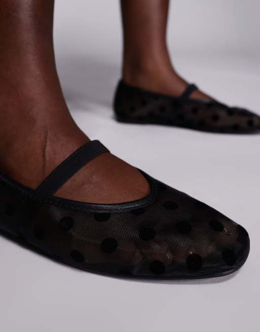 Public Desire Wide Fit Lullaby polka dot ballet flats in black mesh, 2 of 4