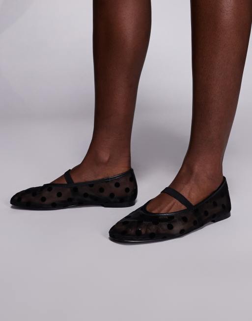 Public Desire Wide Fit Lullaby polka dot ballet flats in black mesh, 4 of 4