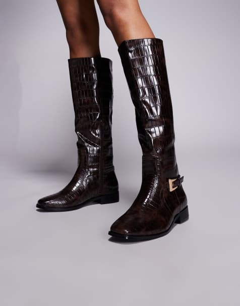 Public Desire Wide Fit Mackie knee boots with buckle in brown croc - view 1