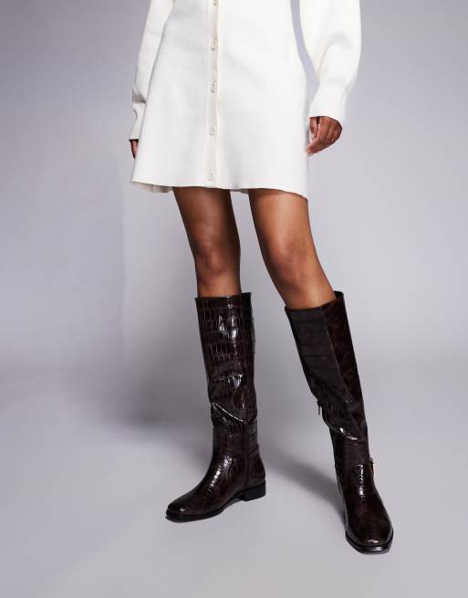 Public Desire Wide Fit Mackie knee boots with buckle in brown croc, 2 of 4