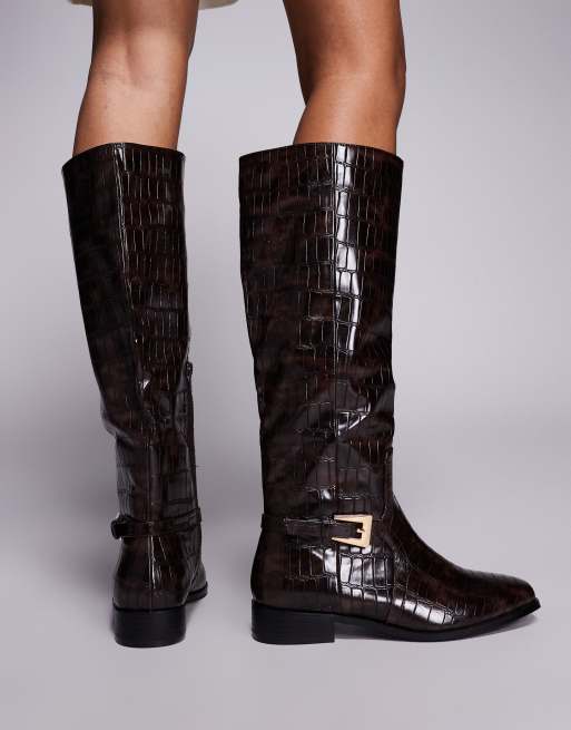 Public Desire Wide Fit Mackie knee boots with buckle in brown croc, 3 of 4