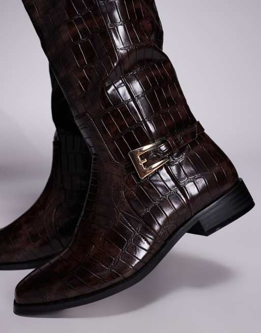 Public Desire Wide Fit Mackie knee boots with buckle in brown croc, 4 of 4