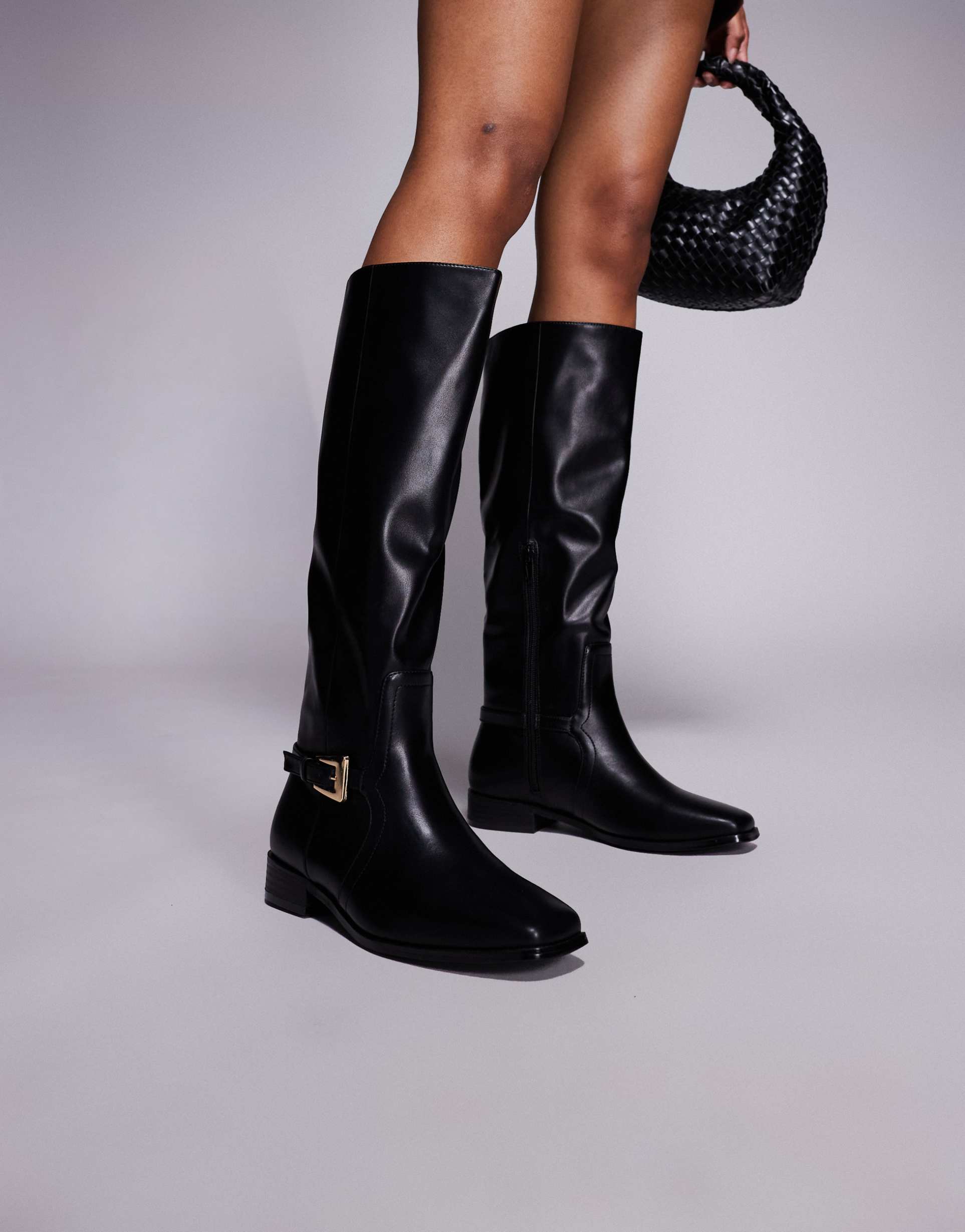 public desire wide fit mackie knee boots with buckles in black