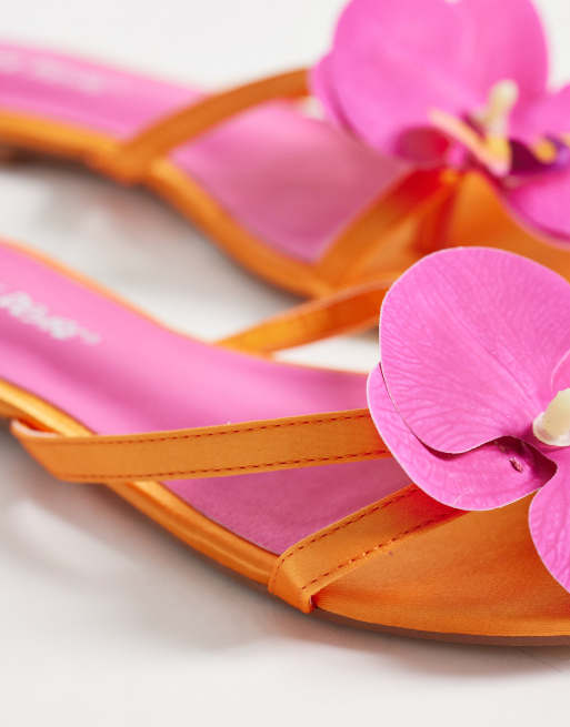 Public Desire Wide Fit Magnolia 3D floral flat sandals in orange, 2 of 4