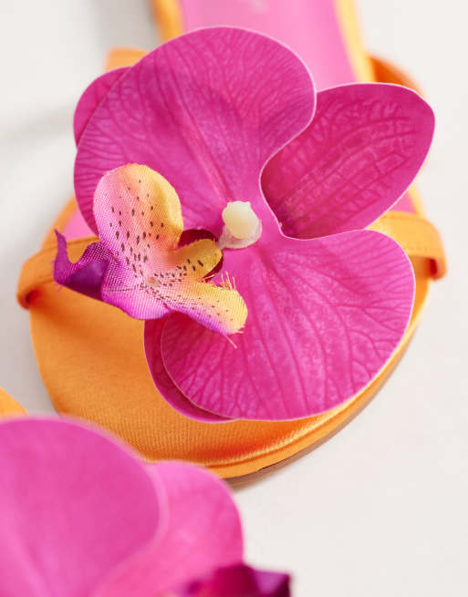 Public Desire Wide Fit Magnolia 3D floral flat sandals in orange, 3 of 4