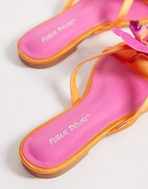 Public Desire Wide Fit Magnolia 3D floral flat sandals in orange, 4 of 4